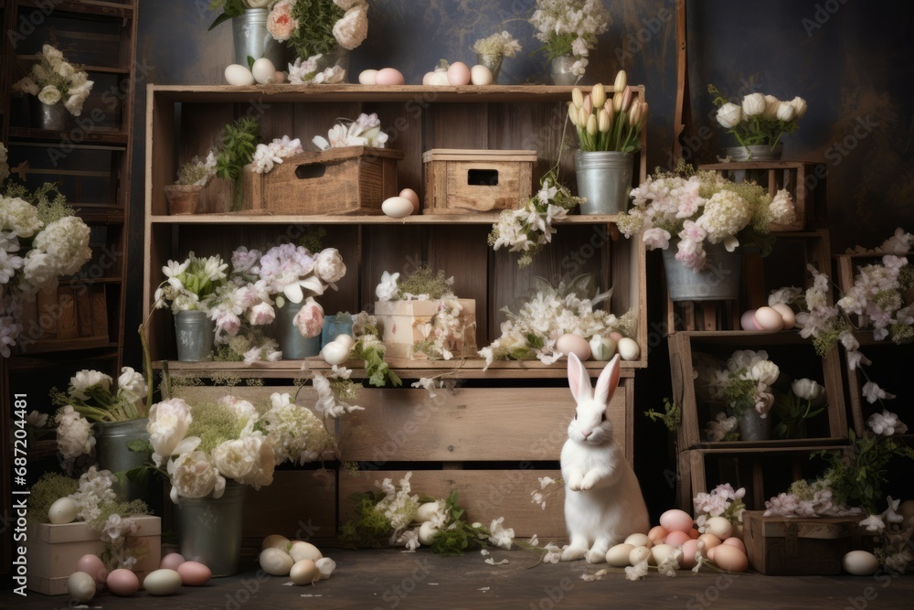 a white rabbit sitting on the floor next to a shelf full of flowers