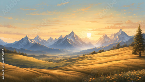 A golden hour landscape with a unique twist, mountains and peaceful meadow