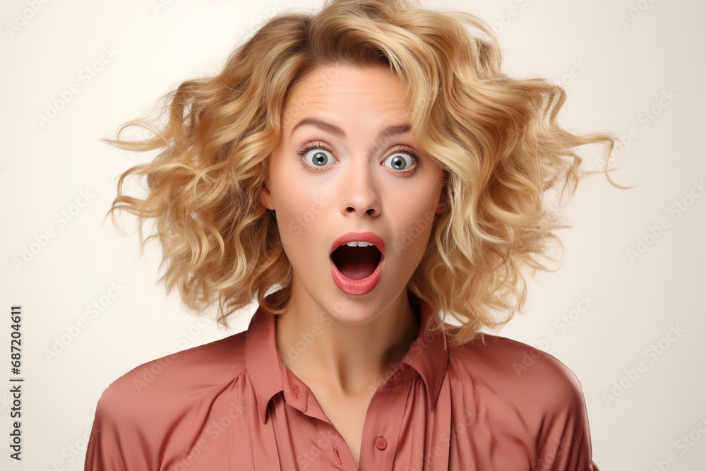 a beautiful blonde woman expressing surprise and shock emotion with her mouth open and big wide open eyes. isolated on single color background a beautiful blonde woman expressing surprise and shock emotion with her mouth open and big wide open eyes. isolated on single color background