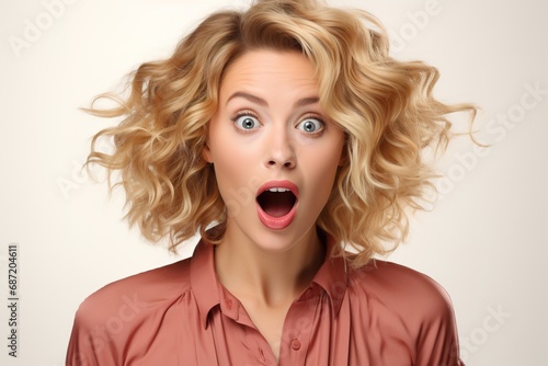 a beautiful blonde woman expressing surprise and shock emotion with her mouth open and big wide open eyes. isolated on single color background © Dejan