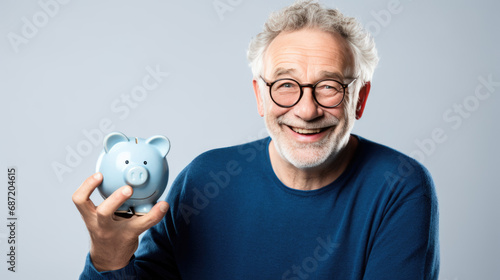 Cheerful senior man holding a piggy bank, symbolizing savings and financial security in retirement.