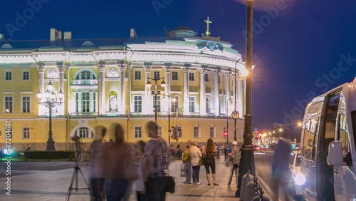 Russian Constitutional Court Building Timelapse near Monument to Peter I, Boris Yeltsin Library, Night Illumination and Traffic. Saint-Petersburg, Russia photo