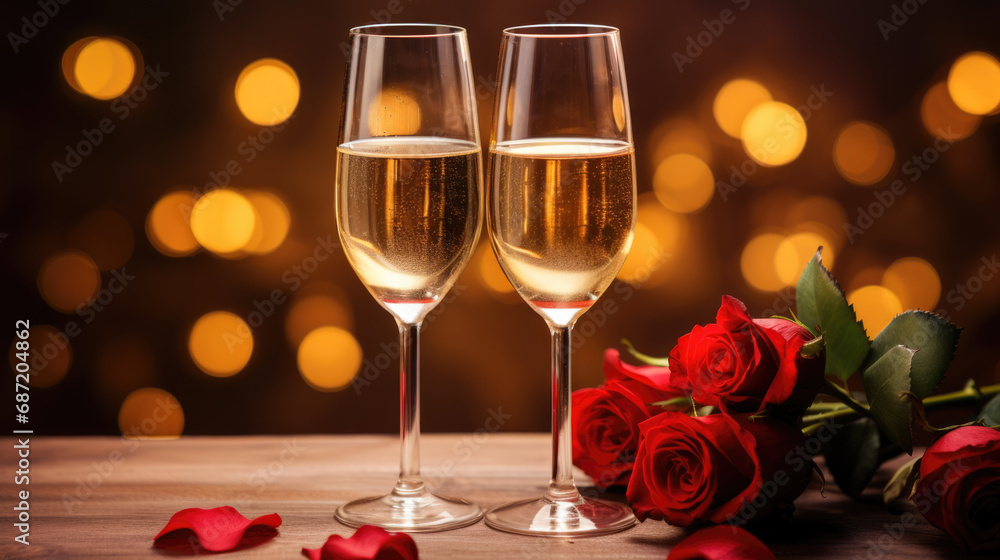 Two glasses of white wine on a table with a romantic ambiance, suggesting a celebration of a valentines day. Two glasses of white wine on a table with a romantic ambiance, suggesting a celebration of a valentines day.