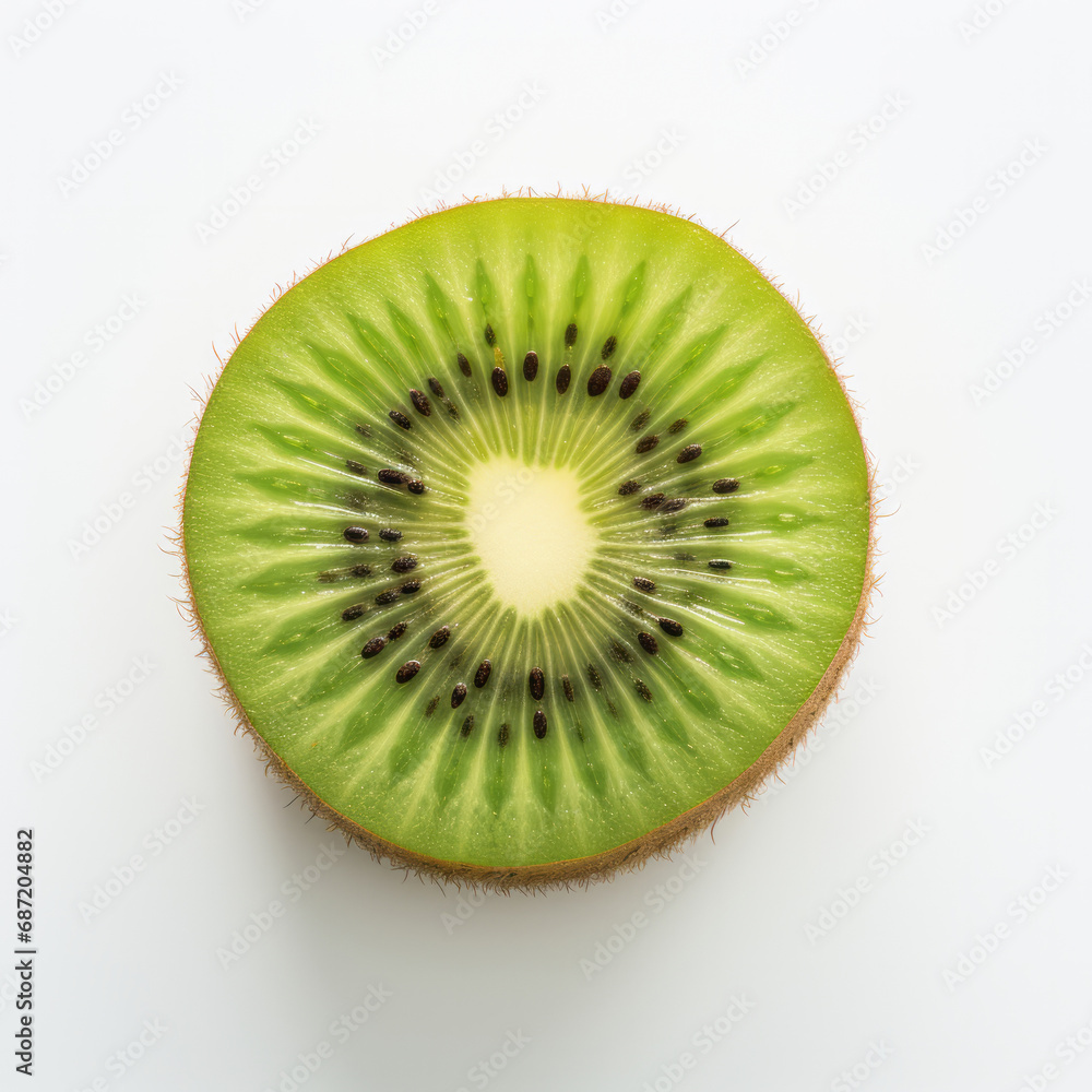 Fresh Kiwi Halves Close-up. Two halves of a ripe kiwi fruit against a white background.
Fresh Kiwi Halves Close-up. Two halves of a ripe kiwi fruit against a white background.