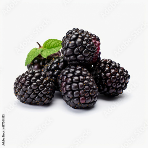 Blackberries Cluster with Leaves  in a pile isolated white background.  A close-up of juicy blackberries with fresh green leaves.