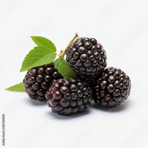 Blackberries Cluster with Leaves  in a pile isolated white background.  A close-up of juicy blackberries with fresh green leaves.