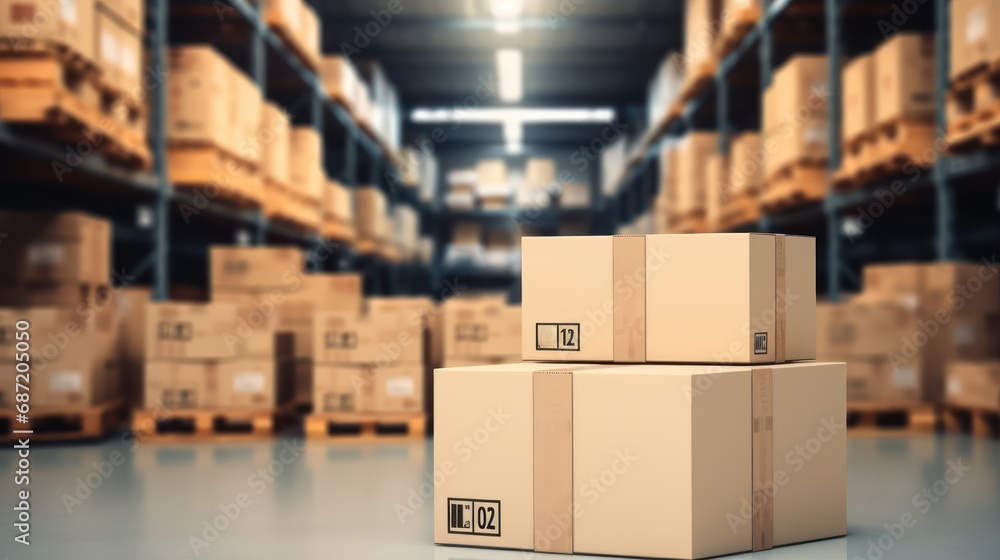 Cardboard boxes stack, storage warehouse background. Logistics and products distribution Cardboard boxes stack, storage warehouse background. Logistics and products distribution