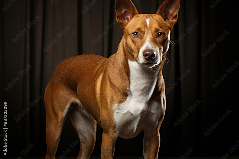 Basenji on a dark studio background. an adult dog, a pet, an animal. portrait close-up.