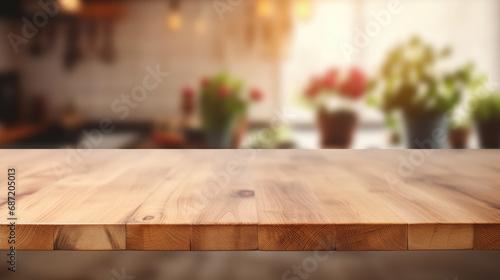 Wooden table or cutting board in the kitchen, with a bokeh blurred background. Copyspace banner