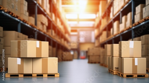 Cardboard boxes stack, storage warehouse background. Logistics and products distribution