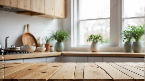 empty wooden table top with blur background of minimalist kitchen