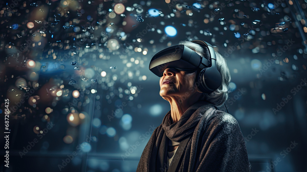 Mature woman with VR headset, experiencing virtual scenarios amidst a bokeh of lights. The fusion of technology and imagination.