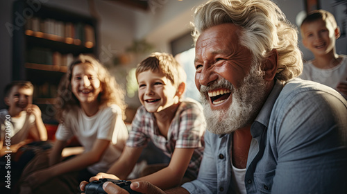 A family laughs and enjoys a competitive gaming session together, creating memories with shared digital entertainment. photo