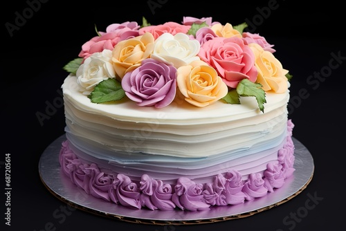 a cake decorated with mixed pink, yellow, and purple roses on top