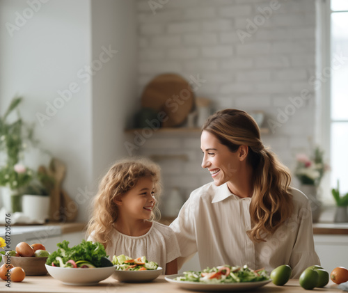 mother and child preparing salad