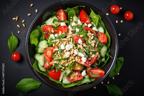  a salad with tomatoes, cucumbers, and pine nuts