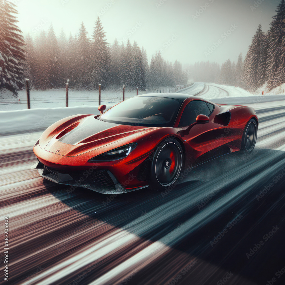 Fototapeta premium A luxury red sports car running in a road with snow. ai generative