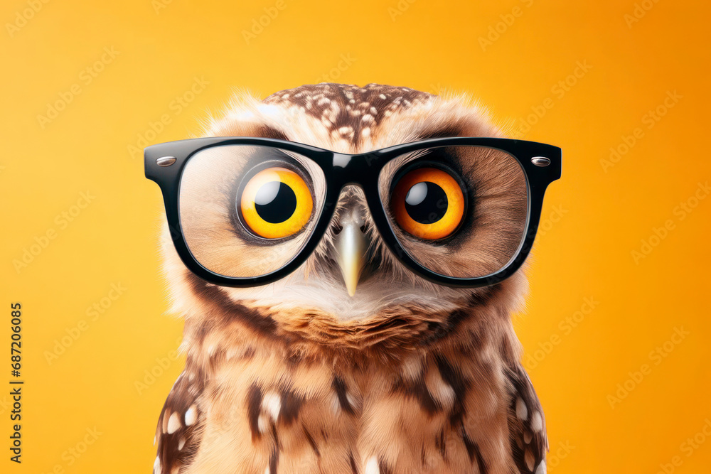 Fototapeta premium animal surprised owl bird wear glasses on solid yellow background. ai generative