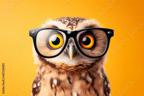 animal surprised owl bird wear glasses on solid yellow background. ai generative © Igor
