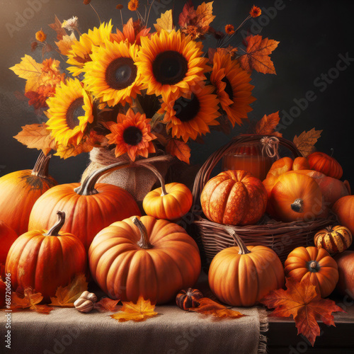 Autumn photo of composition of pumpkins  fall leaves and sunflowers. Thanksgiving season banner. ai generative