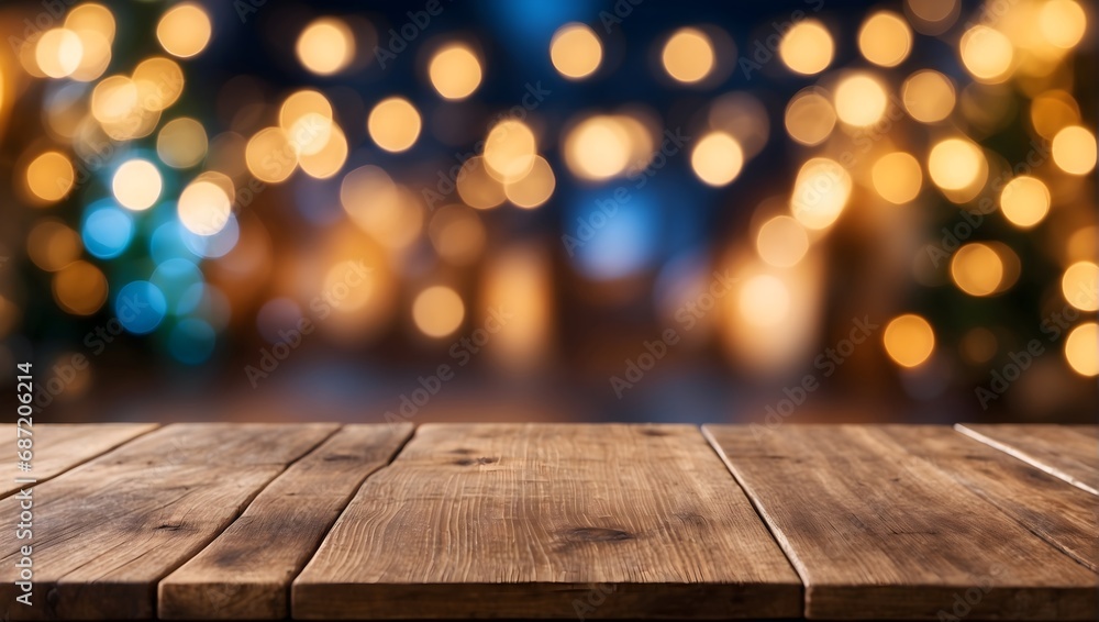 Empty wooden table top with defocused bokeh Christmas Fair lights background Empty wooden table top with defocused bokeh Christmas Fair lights background