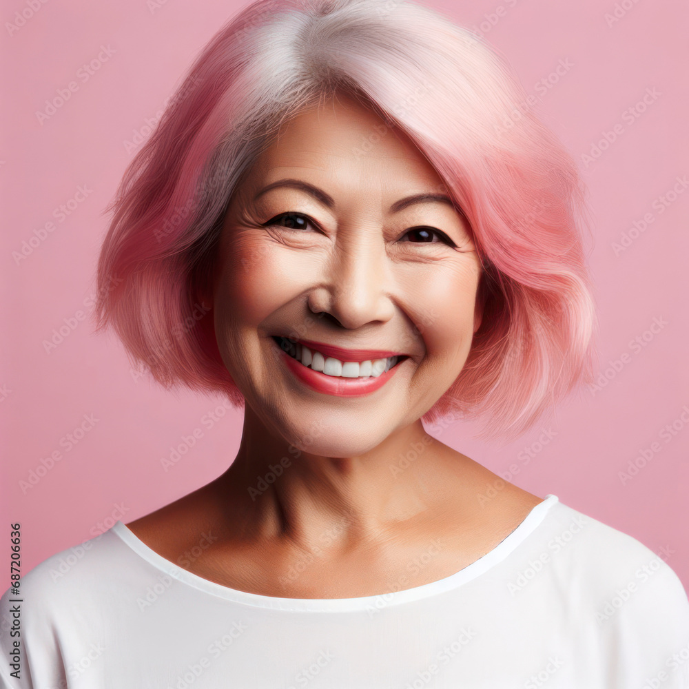 Happy smiling senior asian woman with pink hair on solid pink background. ai generative Happy smiling senior asian woman with pink hair on solid pink background. ai generative