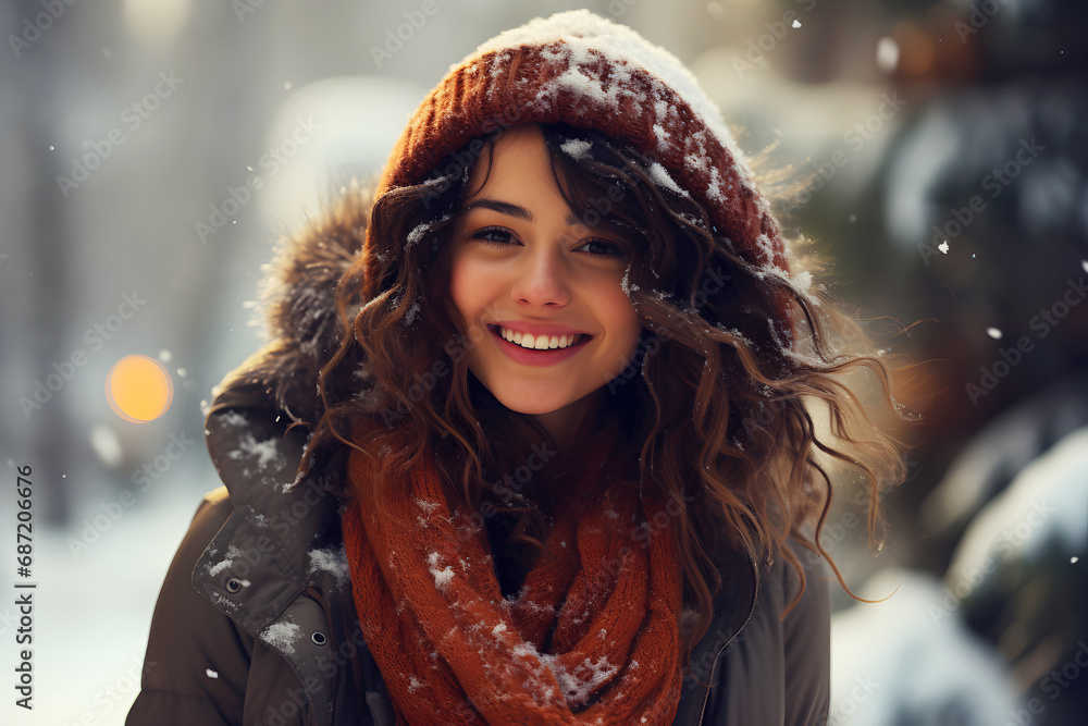 A smiling young Latin American woman with curly hair in a knitted hat walks in the park in the snowfall. winter. A smiling young Latin American woman with curly hair in a knitted hat walks in the park in the snowfall. winter.