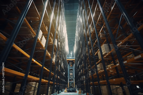 huge distribution warehouse with high shelves.