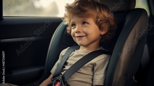 Kleiner Junge sitzt im Kindersitz im Auto und lächelt photo