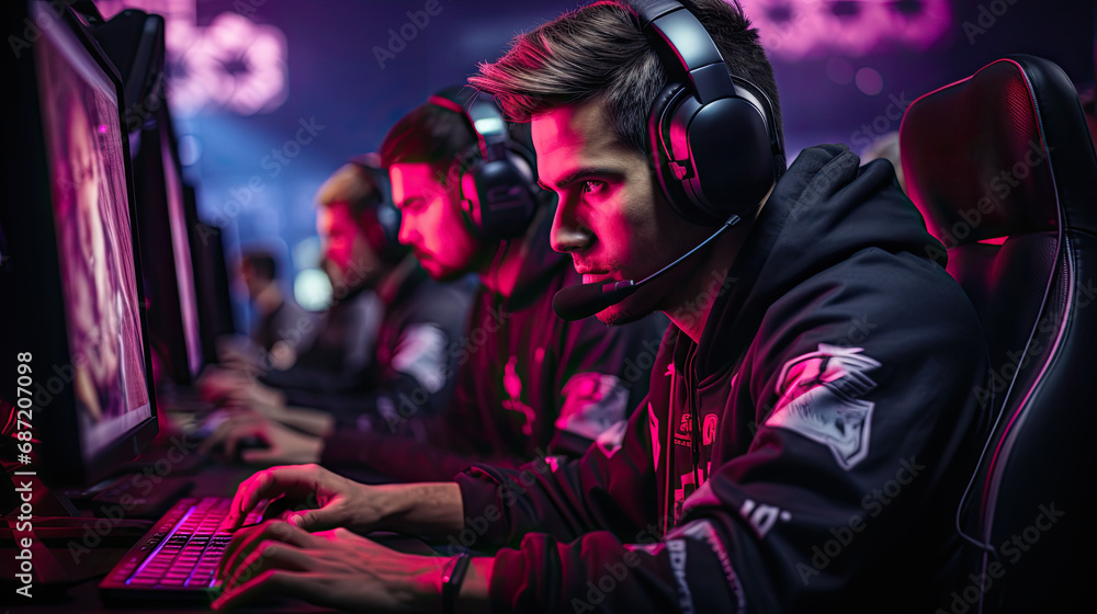 A team of professional gamers competes in an esports tournament, showcasing teamwork and intense concentration.