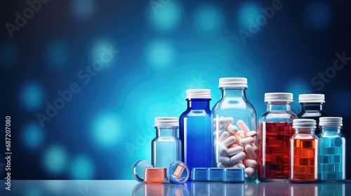 Set of bottles filled with pills and medicine, graphic banner with copyspace