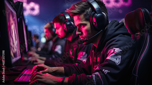 A team of professional gamers competes in an esports tournament, showcasing teamwork and intense concentration. © Liana