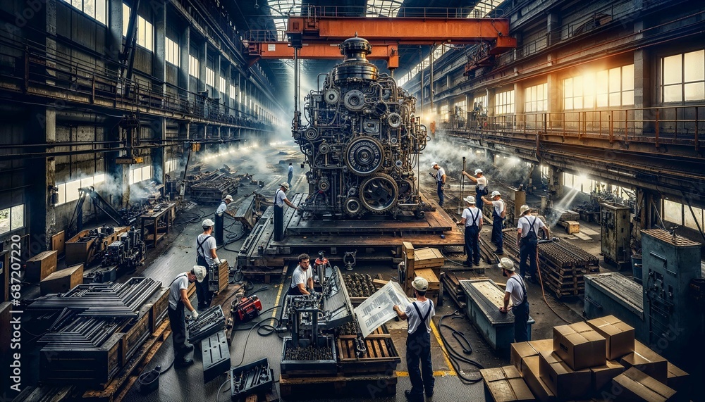 Industrial Manufacturing Floor with Workers and Heavy Machinery

