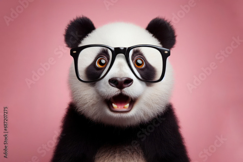 photo of a real animal surprised panda wear glasses on solid pink background. ai generative photo