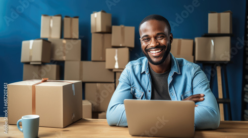Man is smiling and using a laptop among shelves stocked with cardboard boxes in what appears to be a small business warehouse setting.