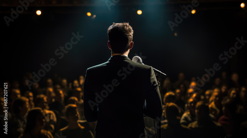 Man in a suit speaking into a microphone in front of an audience in a dark auditorium.