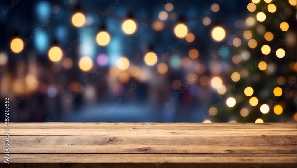 Empty wooden table top with defocused bokeh Christmas Fair lights background Empty wooden table top with defocused bokeh Christmas Fair lights background