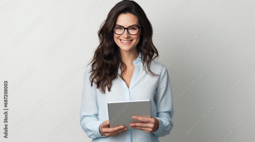 Young smiling woman holding a tablet and standing on a gray background Young smiling woman holding a tablet and standing on a gray background