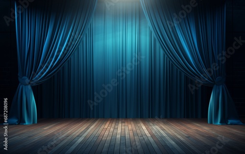 Elegant Blue Theater Curtains with Wooden Stage