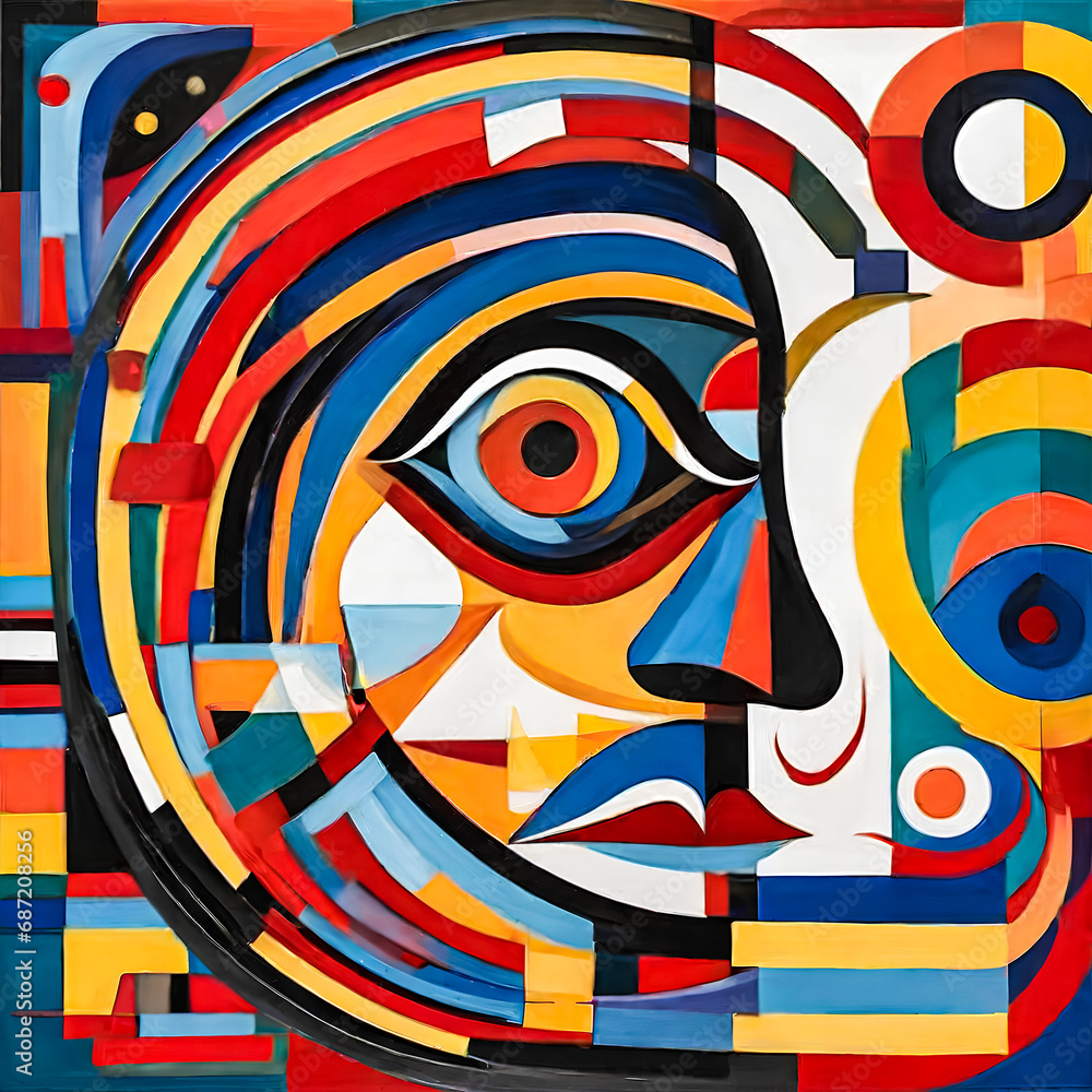 Geometric Woman in Vibrant Colors, Abstract Head with Shapes, Colorful Circles and Triangles Portrait, Modern Artistic Female Portrait, Mosaic of Shapes Woman's Head. Geometric Woman in Vibrant Colors, Abstract Head with Shapes, Colorful Circles and Triangles Portrait, Modern Artistic Female Portrait, Mosaic of Shapes Woman's Head.
