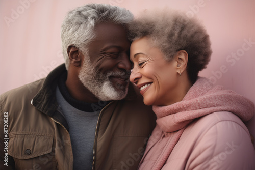 Multiracial Mature Couple Smiling and Hugging Embracing Love and Expressing Affection. Senior Citizens.