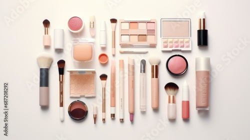 Make up beauty products set. Lots of professional cosmetic stuff. Many decorative fashion things. Makeup paint color for beautiful women. Cosmetology accessories kit. Collection of female palettes.
