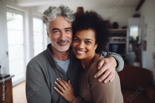 Multiracial Mature Couple Smiling and Hugging Embracing Love and Expressing Affection.