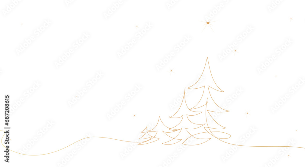 The Christmas tree is decorated with stars and snowflakes. Hand drawing in the style of one continuous line. For print background, holiday decor. Vector The Christmas tree is decorated with stars and snowflakes. Hand drawing in the style of one continuous line. For print background, holiday decor. Vector