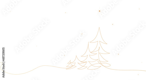 The Christmas tree is decorated with stars and snowflakes. Hand drawing in the style of one continuous line. For print background, holiday decor. Vector