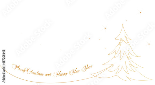 The Christmas tree is decorated with stars and snowflakes. Hand drawing in the style of one continuous line. For print background, holiday decor. Vector