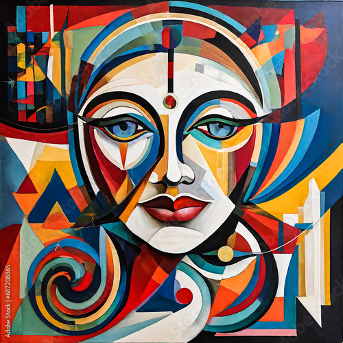 Geometric Woman in Vibrant Colors, Abstract Head with Shapes, Colorful Circles and Triangles Portrait, Modern Artistic Female Portrait, Mosaic of Shapes Woman's Head. © ADI