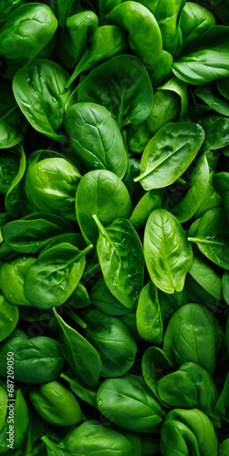 Fresh green spinach leaves, with water drops over it, closeup macro detail vertical banner. Generative AI