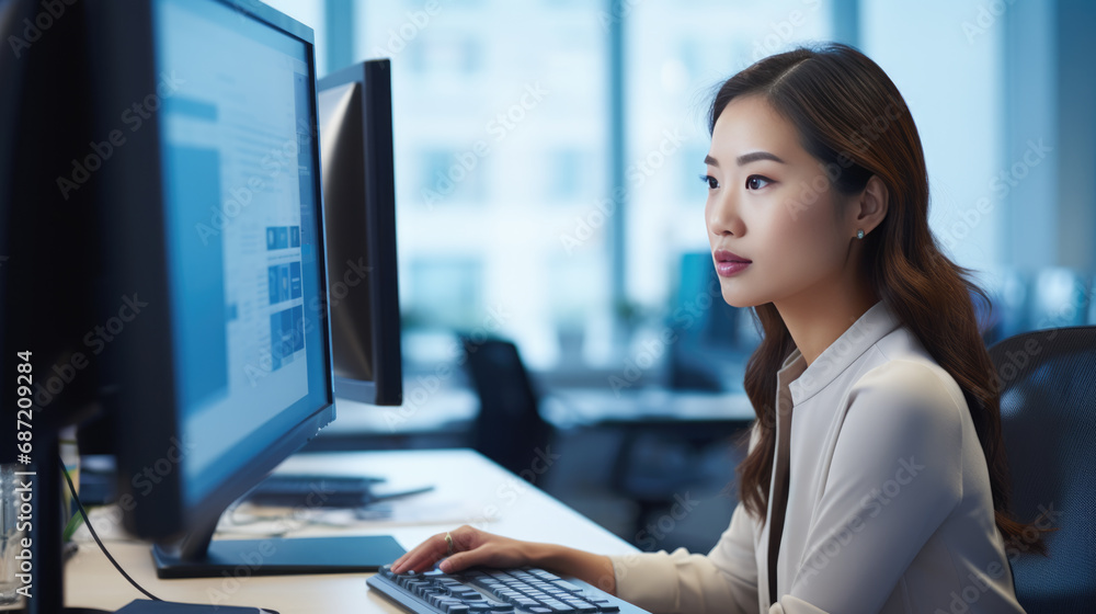 Serious and focused woman programmer working on a pc in her office