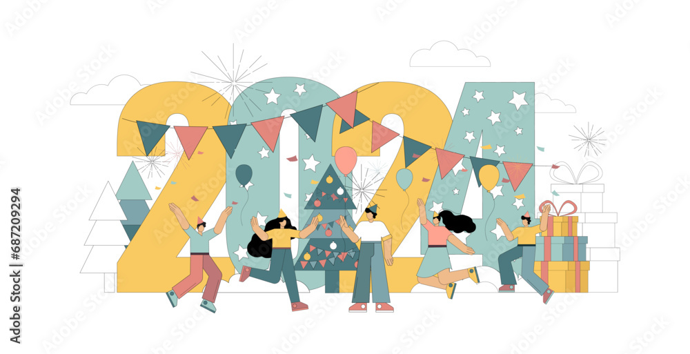 Fototapeta premium A group of happy people celebrate Christmas, New Year.